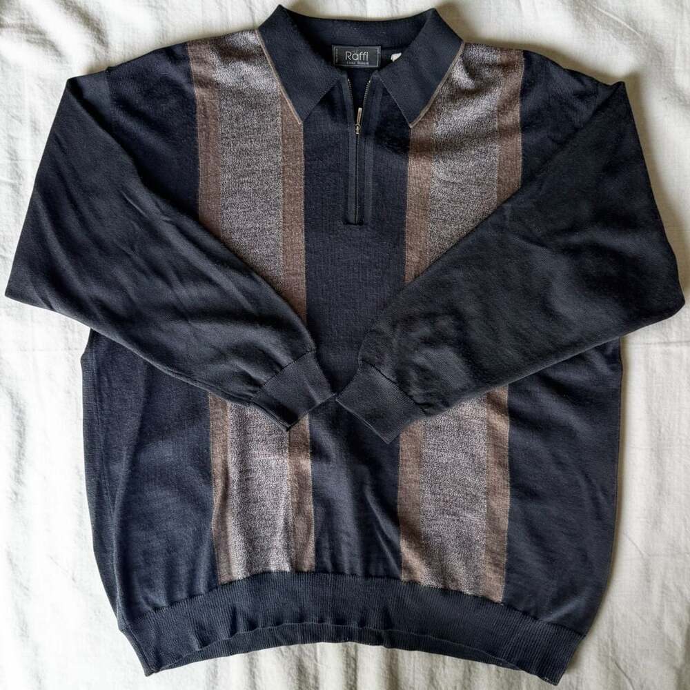 Raffi Linea Como Men's Quarter Zip Striped Knit Sweater Black Brown XL